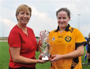 31 May 2008; Gemma Begley, Ulster, is presented with the player of the tournament award by Geraldine Giles, Uachtaran Cumman Peil Gael na mBan. Ladies Football Interprovincial Football tournament final, Munster v Ulster, Pairc Chiarain, Athlone, Co. Westmeath. Picture credit: Stephen McCarthy / SPORTSFILE