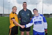 31 May 2008; Referee Keith Tighe, Dublin, oversees the handshake of Munster captain Elaine Harte and Ulster captain Neamh Woods ahead of the game. Ladies Football Interprovincial Football tournament, Munster v Ulster, Pairc Chiarain, Athlone, Co. Westmeath. Picture credit: Stephen McCarthy / SPORTSFILE