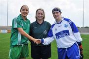 31 May 2008; Referee Eileen Jones, Tyrone, oversees the handshake of Munster captain Elaine Harte and Leinster captain Tracey Lawlor. Ladies Football Interprovincial Football tournament, Leinster v Munster, Pairc Chiarain, Athlone, Co. Westmeath. Picture credit: Stephen McCarthy / SPORTSFILE