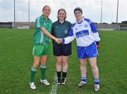 31 May 2008; Referee Eileen Jones, Tyrone, oversees the handshake of Munster captain Elaine Harte and Leinster captain Tracey Lawlor. Ladies Football Interprovincial Football tournament, Leinster v Munster, Pairc Chiarain, Athlone, Co. Westmeath. Picture credit: Stephen McCarthy / SPORTSFILE