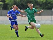 31 May 2008; Lorraine Muckian, Leinster, in action against Patrice Dennehy, Munster. Ladies Football Interprovincial Football tournament, Leinster v Munster, Pairc Chiarain, Athlone, Co. Westmeath. Picture credit: Stephen McCarthy / SPORTSFILE