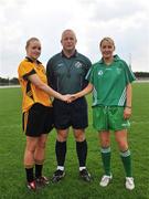 31 May 2008; Referee Keith Delahunty, Tipperary, oversees the handshake between Ulster captain Neamh Woods and Leinster captain Tracey Lawlor. Ladies Football Interprovincial Football tournament, Leinster v Ulster, Pairc Chiarain, Athlone, Co. Westmeath. Picture credit: Stephen McCarthy / SPORTSFILE