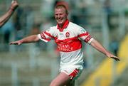 9 July 2000; Gregory Biggs of Derry celebrates at the final whistle following the Guinness Ulster Hurling Championship Final match between Derry and Antrim at Casement Park in Belfast. Photo By Aoife Rice/Sportsfile