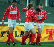 31 October 1994; Derek Dunne of St Patrick's Athletic, far right, celebrates a goal with team-mates during the Bord Gáis National League Premier Division match between St Patrrick's Athletic and Cobh Ramblers at Richmond Park in Dublin. Photo by Sportsfile