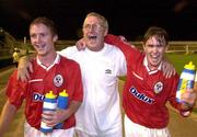 12 July 2000; Shelbourne manager Dermot Keely, centre, celebrates with goal scorer Richie Baker, left, and his brother Dessie Baker following the UEFA Champions League 1st Qualfiying Round 1st Leg match between Sloga Jugomagnat and Shelbourne at  air Stadium in Skopje, Macedonia. Photo by David Maher/Sportsfile