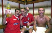 12 July 2000; Shelbourne players, from left, Stephen Geoghegan, Tony McCarthy and Richie Foran celebrate in the dressing room following the UEFA Champions League 1st Qualfiying Round 1st Leg match between Sloga Jugomagnat and Shelbourne at  air Stadium in Skopje, Macedonia. Photo by David Maher/Sportsfile