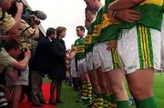 16 July 2000; President of Ireland Mary McAleese is introduced to the Kerry team by Sean Kelly, Chairman of the Munster Council ahead of the Bank of Ireland Munster Senior Football Championship Final between Kerry and Clare at the Gaelic Grounds in Limerick. Photo By Brendan Moran/Sportsfile