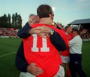 19 July 2000; Richie Baker of Shelbourne celebrates with Sherlbourne manager Dermot Keely following the UEFA Champions League 1st Qualifying Round 2nd Leg match between Shelbourne and Sloga Jugomagnat at Tolka Park in Dublin. Photo by Damien Eagers/Sportsfile
