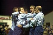 31 March 2000; James Keddy of Shelbourne celebrates his goal with team-mates from right, Paul Doolin,  Mark Hutchinson, Stephen Geoghegan and Dessie Baker during theEircom League Cup Semi-Final match between Galway United and Shelbourne at Terryland Park in Galway. Photo by David Maher/Sportsfile