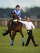 7 June 2008; Trainer Jim McCabe leads out Hazelwood Ridge with Emmet McNamara on their way to the start and ultimately winning the Gallo Family Vineyards Handicap. It was the first winner for both jockey and trainer. The Curragh Racecourse, Co. Kildare. Picture credit: Ray McManus / SPORTSFILE