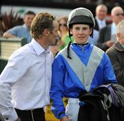 7 June 2008; Trainer Jim McCabe in conversation with jockey Emmet McNamara after winning the Gallo Family Vineyards Handicap with Hazelwood Ridge. It was the first winner for both jockey and trainer. The Curragh Racecourse, Co. Kildare. Picture credit: Ray McManus / SPORTSFILE