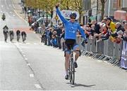 4 May 2015; Roger Aiken, Team Asea, celebrates as he crosses the finish line to take victory on the fourth stage of the AmberGreen Energy Tour of Ulster. 150 elite cyclists from Australia, Holland, Belgium, France, England, Scotland, Northern Ireland and the Republic of Ireland compete in Stage 4 of the AmberGreen Energy Tour of Ulster in partnership with the SDS Group and Saltmarine Cars. Stage 4 is a circuit race around Cookstown taking the cyclists through William Street - Orritor Road - Tulnacross Road - Flo Road - Omagh Road - Tullagh Road  - Fairhill Road - James Street - William Street - Cookstown. Picture credit: Stephen McMahon / SPORTSFILE