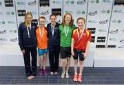 3 May 2015; Medal recipients from the women's 200m breast-stroke final, from left, Riley Scott NCSA, Niamh Coyne, Tallaght, Olivia Anderson, NCSA, Dearbhail McNamara, Castlebar and Christina McDowell. 2015 Irish Open Swimming Championships at the National Aquatic Centre, Abbotstown, Dublin. Picture credit: Piaras Ó Mídheach / SPORTSFILE