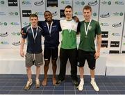 3 May 2015; Medal recipients from the men's 50m free-style final, from left, Conor Munn, Ards, James William Jones, NCSA, Curtis Coulter, Ards and Kevin McGlade, Galway. 2015 Irish Open Swimming Championships at the National Aquatic Centre, Abbotstown, Dublin. Picture credit: Piaras Ó Mídheach / SPORTSFILE