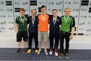 3 May 2015; Medal recipients from the men's 100m butterfly final, from left, Cian Duffy, Galway, Jonathan Burkett, NCSA, Brendan Hyland, Tallaght, Zach Harting, NCSA and James Brown, Ards. 2015 Irish Open Swimming Championships at the National Aquatic Centre, Abbotstown, Dublin. Picture credit: Piaras Ó Mídheach / SPORTSFILE