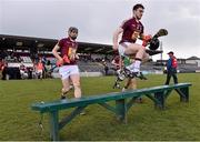 3 May 2015; Westmeath captain Aonghus Clarke makes his way out for the official team photograph. Leinster GAA Hurling Senior Championship Qualifier Group Round 1, Westmeath v Carlow. Cusack Park, Mullingar, Co. Westmeath. Picture credit: David Maher / SPORTSFILE