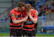 4 May 2015; Tullamore's Jamie Lynam, right, is consoled by a team-mate Eoin Farrell after a Carlow try late in the game. U17 Culliton Cup Final, Carlow v Tullamore.  Picture credit: Piaras Ó Mídheach / SPORTSFILE