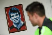5 May 2015; A framed artwork of Munster's Donncha O'Callaghan is seen hanging on a wall as Conor Murray speaks during a press conference. Munster Rugby Press Conference, Thomond Park, Limerick. Picture credit: Diarmuid Greene / SPORTSFILE