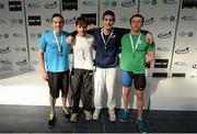 3 May 2015; Medal recipients from the men's 800m free-style final, from left, Brendan Gibbons, Athlone, Andrew Meegan, Aer Lingus, Matthew Hirschberger, NCSA, and Ethan O'Brien, Limerick. 2015 Irish Open Swimming Championships at the National Aquatic Centre, Abbotstown, Dublin. Picture credit: Piaras Ó Mídheach / SPORTSFILE