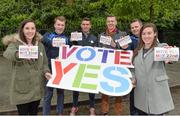 6 May 2015; The Gaelic Players Association and the Womenâ€™s Gaelic Players Association are advocating a Yes Vote in the forthcoming Marriage Referendum and will be supporting the YesEquality Campaign over the coming weeks. Pictured are, from left to right, Aisling Tarpey, Mayo footballer, Luke Kelly, Offaly footballer, Colm Begley, Laois footballer, Kevin Reilly, Meath footballer, Dessie Farrell, CEO of the GPA, and Kim Flood, Dublin footballer. Stephen's Green, Dublin. Picture credit: Matt Browne / SPORTSFILE