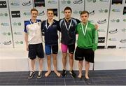 3 May 2015; Medal recipients from the men's 50m back-stroke final, from left, David Prendergast, UCD, John Shebat, NCSA, Brian E O Sullivan, NAC and Alan Corby, Limerick. 2015 Irish Open Swimming Championships at the National Aquatic Centre, Abbotstown, Dublin. Picture credit: Piaras Ó Mídheach / SPORTSFILE