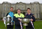 6 May 2015; Wexford hurler Andrew Shore, left, Wexford football manager David Power and footballer Ciaran Lyng, right, in attendance at the launch of the 2015 Leinster GAA Senior Championships. Farmleigh House & Gardens, Phoenix Park, Dublin. Picture credit: Stephen McCarthy / SPORTSFILE