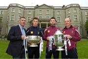 6 May 2015; Westmeath football manager Tom Cribbin and footballer Ger Egan with Westmeath hurling manager Michael Ryan and Derek McNicholas in attendance at the launch of the 2015 Leinster GAA Senior Championships. Farmleigh House & Gardens, Phoenix Park, Dublin. Picture credit: Stephen McCarthy / SPORTSFILE