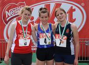 31 May 2008; Ciara Everard, Presentation, Kilkenny, who won the Senior Girls 800m with 2nd place Mary O'Connor, left, from Ursuline Waterford and Rachel Gibson, right, from Wallace High School, Lisburn, who won third place. Kit Kat Irish Schools Track & Field Final, Tullamore Harriers Stadium, Tullamore, Co. Offaly. Photo by Sportsfile