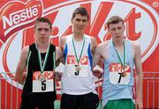 31 May 2008; Jake Byrne, St. Joseph's, Rochfordbridge, Co. Westmeath, who won the 3,000m Boys, with 2nd place Ryan Creech, left, Glanmire Community College, Co. Cork and Noel Cullen, right, St. Michael's, Enniskillen, Co. Fermanagh, who finished third . Kit Kat Irish Schools Track & Field Final, Tullamore Harriers Stadium, Tullamore, Co. Offaly. Photo by Sportsfile