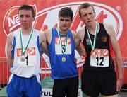 31 May 2008; Anthony Leighio, Crumlin College, Co. Dublin, who won the Senior Boys 800m with 2nd place Fergal Ellis, left, Ballinamore Post Primary School, Co. Leitrim, and Darren McBrearty, right, St Eunan’s, Letterkenny, Co. Donegal, who finished third. Kit Kat Irish Schools Track & Field Final, Tullamore Harriers Stadium, Tullamore, Co. Offaly. Photo by Sportsfile