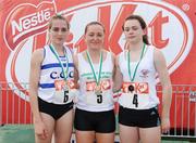 31 May 2008; Joan Healy, Colaiste na Toirbhirte, Bandon, Co. Cork, who won the Inter Girls 100m with 2nd place Jennifer Dickinson, left, Crescent College Comprehensive, Limerick, and Stephanie Creanor, Loreto College, St. Stephen's Green, Dublin, who finished third. Kit Kat Irish Schools Track & Field Final, Tullamore Harriers Stadium, Tullamore, Co. Offaly. Photo by Sportsfile