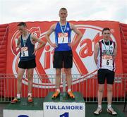 31 May 2008; Adam Ingram, Hazelwood Integrated School, Belfast, who won the Junior Boys 800m with 2nd place D. O'Croinin, left, Coláiste an Phiarsaigh, Glanmire, Cork, and S. Fitzgerald, right, St. Mary's, Newport, Co. Mayo, who finished 3rd. Kit Kat Irish Schools Track & Field Final, Tullamore Harriers Stadium, Tullamore, Co. Offaly. Photo by Sportsfile