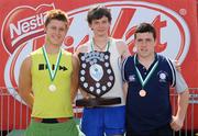 31 May 2008; Ian Rogers, DLS Rahney, Co. Dublin, who won the Senior Boys Pole Vault with 2nd place Michael O'Connor, left, Colaiste Dhulaigh, Coolock, Co. Dublin, and C. Donnelly, MBC, who finished 3rd. Kit Kat Irish Schools Track & Field Final, Tullamore Harriers Stadium, Tullamore, Co. Offaly. Photo by Sportsfile