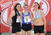 31 May 2008; Ciara Everard, Presentation Secondary School, Kilkenny, who won the Girls Senior 400m with 2nd place Roisin Anglin, left, Portmarnock Community School, Co. Dublin, and L. McArdle, right, St. Angela's, Cork, who finished third. Kit Kat Irish Schools Track & Field Final, Tullamore Harriers Stadium, Tullamore, Co. Offaly. Photo by Sportsfile