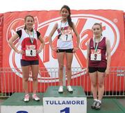 31 May 2008; C. McMahon, Belfast Royal Academy, Co. Antrim, who won the Inter Girls 800m with 2nd place C. Earls, left, Dominican, Co. Wicklow and A. Brennan, right, Heywood CS, Co. Laois, who finished third. Kit Kat Irish Schools Track & Field Final, Tullamore Harriers Stadium, Tullamore, Co. Offaly. Photo by Sportsfile