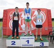 31 May 2008; B. Kelly, St. Mary's Knockbeg, Carlow, who won the Inter Boys 800m with 2nd place M. English, left, st. Eunan's, Letterkenny, Co. Donegal, and M. Hoy, right, St. Michael's, Enniskillen, Co. Fermanagh, who finished third. Kit Kat Irish Schools Track & Field Final, Tullamore Harriers Stadium, Tullamore, Co. Offaly. Photo by Sportsfile