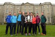 6 May 2015; John Coffey, Liberty Insurance, and Beatrice Cosgrove, Etihad Airways, with Leinster championship hurlers, from left, Eoin Reilly, Laois, John McCaffrey, Dublin, Andrew Shore, Wexford, Joey Holden, Kilkenny, Dan Currams, Offaly, Derek McNicholas, Westmeath, and Paul Coady, Carlow, in attendance at the launch of the 2015 Leinster GAA Senior Championships. Farmleigh House & Gardens, Phoenix Park, Dublin. Picture credit: Stephen McCarthy / SPORTSFILE