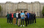 6 May 2015; Nuala Kroondijk, AIB, and John Anslow, eircom, with Leinster Championship footballers, from left, Kieran Nolan, Carlow, Ciaran Lyng, Wexford, Adrian Reid, Louth, Paul McConway, Offaly, John O'Loughlin, Louth, Denis Bastick, Dublin, Kevin Diffley, Longford, Dean Healy, Wicklow, Donal Keogan, Meath, and Eamonn Callaghan, Kildare, in attendance at the launch of the 2015 Leinster GAA Senior Championships. Farmleigh House & Gardens, Phoenix Park, Dublin. Picture credit: Stephen McCarthy / SPORTSFILE