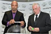 6 May 2015;  Former Republic of Ireland international Paul McGrath, alongside FAI President Tony Fitzgerald, right, draws out the name of Derry City during the Irish Daily Mail FAI Senior Cup Second Round Draw. Aviva Stadium, Lansdowne Road, Dublin. Picture credit: Cody Glenn / SPORTSFILE