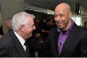 6 May 2015; Republic of Ireland legend Paul McGrath shares a laugh with Tony Fitzgerald, President of the FAI, following the Irish Daily Mail FAI Senior Cup Second Round Draw. Aviva Stadium, Lansdowne Road, Dublin. Picture credit: Cody Glenn / SPORTSFILE