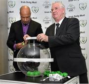 6 May 2015; Tony Fitzgerald, President of the FAI, alongside Republic of Ireland legend Paul McGrath, draws Bohemians to face Firhouse Clover during the Irish Daily Mail FAI Senior Cup Second Round Draw. Aviva Stadium, Lansdowne Road, Dublin. Picture credit: Cody Glenn / SPORTSFILE