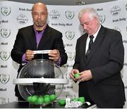 6 May 2015; Republic of Ireland legend Paul McGrath, alongside Tony Fitzgerald, President of the FAI, draws Cork City to face Wexford Youths during the Irish Daily Mail FAI Senior Cup Second Round Draw. Aviva Stadium, Lansdowne Road, Dublin. Picture credit: Cody Glenn / SPORTSFILE