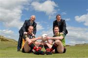 7 May 2015; Pictured are, from left to right, Sean Boylan, Rest of Ireland Select manager, former Down footballer Brendan Coulter, Ulster XV, former Dublin footballer Barry Cahill, Rest of Ireland Select XV, and James McCartan, Ulster XV manager, ahead of The GAA Open, a charity exhibition match between an Ulster XV and a Rest of Ireland Select XV, that will take place during the Irish Open Golf Week in Newcastle, Co. Down, on Monday 25th May. Royal County Down Golf Club, Down. Picture credit: Oliver McVeigh / SPORTSFILE