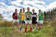 7 May 2015; Mayo captain Keith Higgins, centre, with, from left to right, Galway captain Paul Conroy, London captain Martin Carroll, Roscommon captain Niall Carty, Sligo captain Mark Breheny and Leitrim captain Sean McWeeney in attendance at the launch of the 2015 Connacht GAA Football Championship. Connacht GAA Centre, Bekan, Claremorris, Co. Mayo. Picture credit: Matt Browne / SPORTSFILE