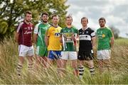 7 May 2015; Mayo captain Keith Higgins, centre, with, from left to right, Galway captain Paul Conroy, London captain Martin Carroll, Roscommon captain Niall Carty, Sligo captain Mark Breheny and Leitrim captain Sean McWeeney in attendance at the launch of the 2015 Connacht GAA Football Championship. Connacht GAA Centre, Bekan, Claremorris, Co. Mayo. Picture credit: Matt Browne / SPORTSFILE
