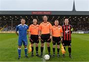 8 May 2015; Welsh referee Ryan Stewart, centre, with his fellow Welsh officials Martin Roberts, right, and John Jones pose with the captains Derek Pender, Limerick FC, left, and Shane Duggan, Bohemians. SSE Airtricity League Premier Division, Bohemians v Limerick FC, Dalymount Park, Dublin. Picture credit: David Maher / SPORTSFILE