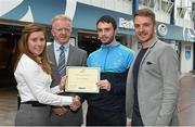 8 May 2015; Eithne Connolly, branch manager, Bank of Ireland DCU, and Michael Kennedy, DCU GAA Academy Director, in the company of Ross Munnelly, Fresher A football manager, right, presents a DCU GAA scholarship awards 2015 to Cian Mulligan, Ghaoth Dobhair, Donegal. Dublin City University, Glasnevin, Dublin. Picture credit: Ray McManus / SPORTSFILE