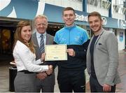 8 May 2015; Eithne Connolly, branch manager, Bank of Ireland DCU, and Michael Kennedy, DCU GAA Academy Director, in the company of Ross Munnelly, Fresher A football manager, right, presents a DCU GAA scholarship awards 2015 to Alistar Fitzgerald, Na Fianna, Dublin. Dublin City University, Glasnevin, Dublin. Picture credit: Ray McManus / SPORTSFILE