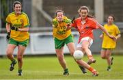 9 May 2015; Aimee Mackin, Armagh, scores a first half goal despite the efforts of Nicole McLaughlin, Donegal. TESCO HomeGrown Ladies National Football League, Division 2 Final, Armagh v Donegal. Parnell Park, Dublin. Picture credit: Cody Glenn / SPORTSFILE