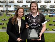 9 May 2015; Katie Walsh, Sligo, is presented with the Player of the Match trophy by Tesco Marketing Manager Lynn Moynihan. TESCO HomeGrown Ladies National Football League, Division 3 Final, Waterford v Sligo. Parnell Park, Dublin. Picture credit: Cody Glenn / SPORTSFILE